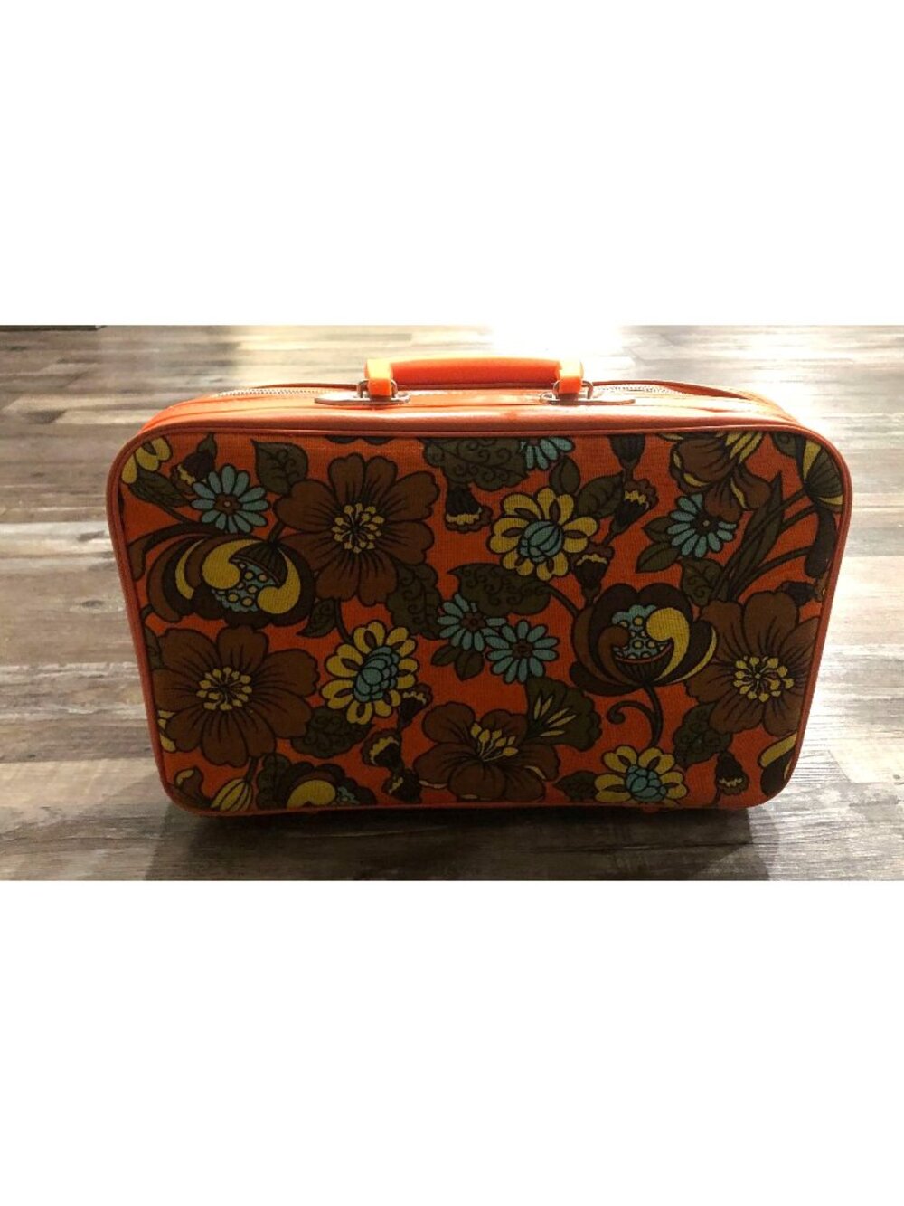 Vintage 60s 70s Carry on Luggage Bag Groovy Flower Power Orange 10x16"